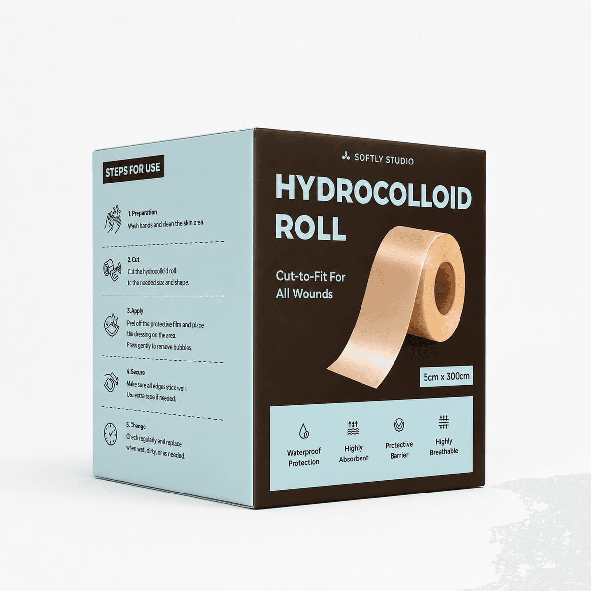 Softly Studio Hydrocolloid Roll usage steps guide showing 4 easy steps - clean, cut to size, apply & press, and heal & replace