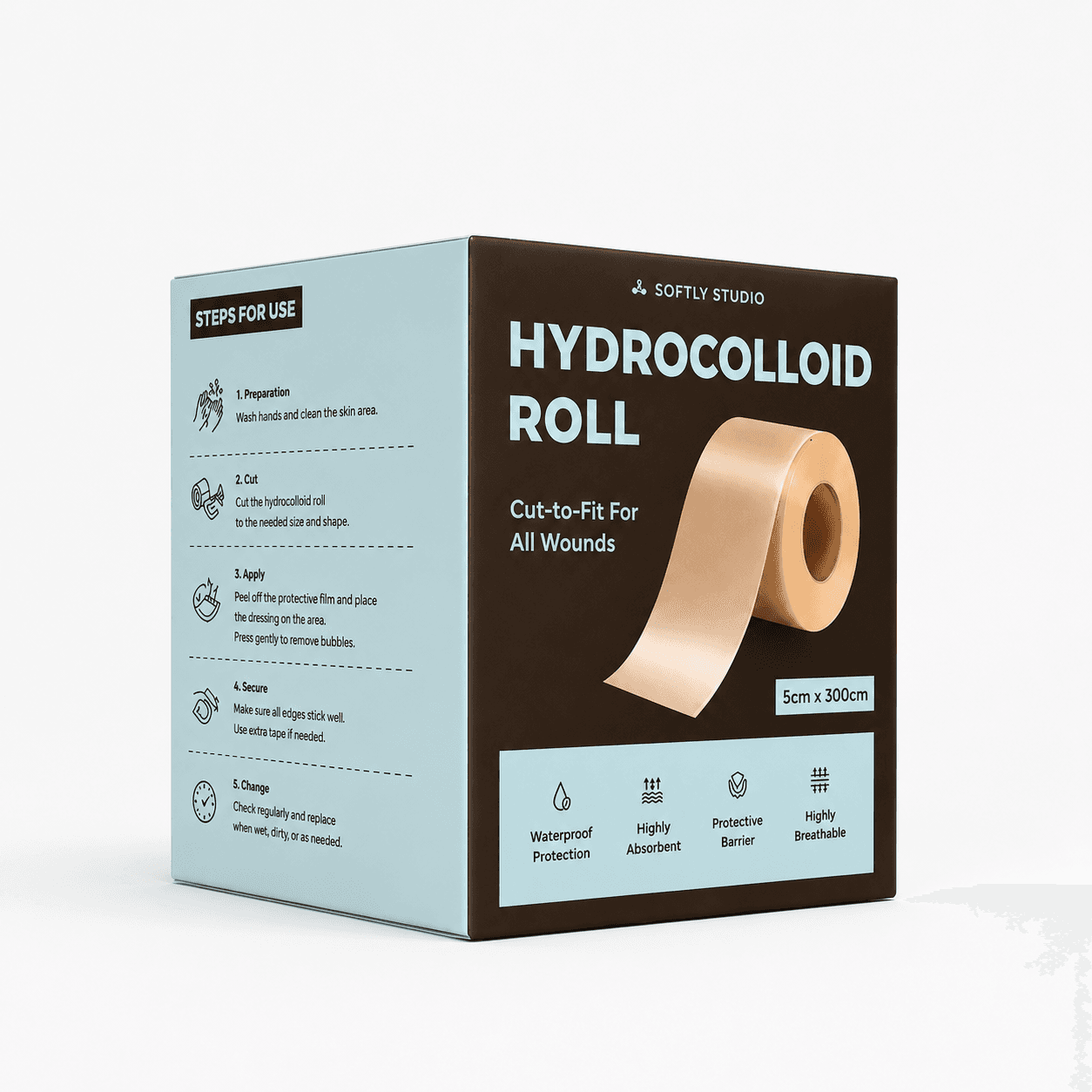 Softly Studio Hydrocolloid Roll 3D box view showing steps for use - preparation, cut, apply, secure, and change instructions alongside product features