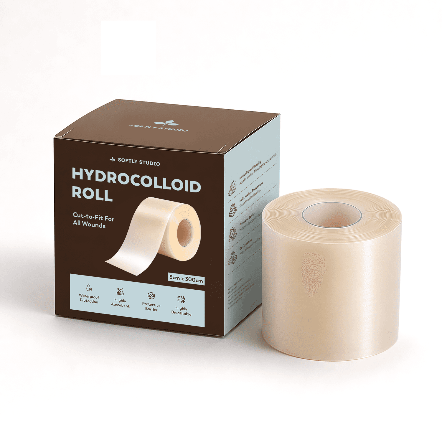 Softly Studio Hydrocolloid Roll product box alongside unrolled hydrocolloid roll showing transparent adhesive material and full product packaging
